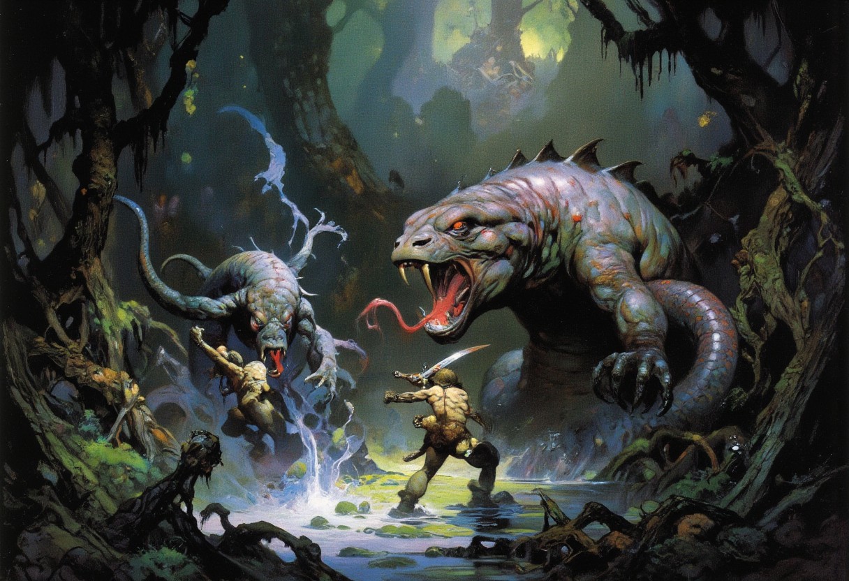 Comic book style 8k high quality digital painting, masterpiece, very detailed, ultra realistic, (best quality) very detailed, epic masterpiece, Boris Vallejo style, retro art style, score_9, score_8_up, score_9_up, very detailed, ultra realistic, (best quality) full body, very detailed, masterpiece, RetroSci style, a prehistoric warrior is attacked by a giant worm-like monster with long tentacles and glowing eyes, its mouth is glowing from inside, fangs, saliva, (muscled warrior, fur loincloth, longsword, defensive position), swamp, faint sunlight coming through the trees, dark atmosphere, retro oil painting style, reduced saturation, dramatic lighting, surreal mood, scary, realistic, realism, photo realistic oil painting, photo realistic painting, scary scene, action, scary, best quality, epic scene, Dungeons and Dragons atmosphere, heroic fantasy, fna_style, Comic book style