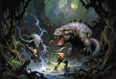 Comic book style 8k high quality digital painting, masterpiece, very detailed, ultra realistic, (best quality) very detailed, epic masterpiece, Boris Vallejo style, retro art style, score_9, score_8_up, score_9_up, very detailed, ultra realistic, (best quality) full body, very detailed, masterpiece, RetroSci style, a prehistoric warrior is attacked by a giant worm-like monster with long tentacles and glowing eyes, its mouth is glowing from inside, fangs, saliva, (muscled warrior, fur loincloth, longsword, defensive position), swamp, faint sunlight coming through the trees, dark atmosphere, retro oil painting style, reduced saturation, dramatic lighting, surreal mood, scary, realistic, realism, photo realistic oil painting, photo realistic painting, scary scene, action, scary, best quality, epic scene, Dungeons and Dragons atmosphere, heroic fantasy, fna_style, Comic book style