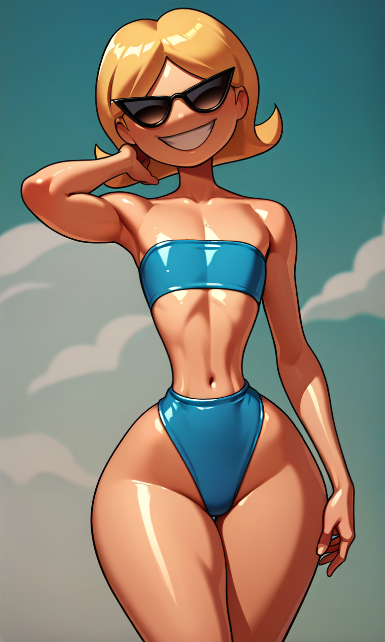 score_9, score_8_up, score_7_up, Sunny Miami, sunglasses, blonde hair, short hair, blue bikini, smile, curvy, narrow waist, wide hips, shiny skin, flat chest