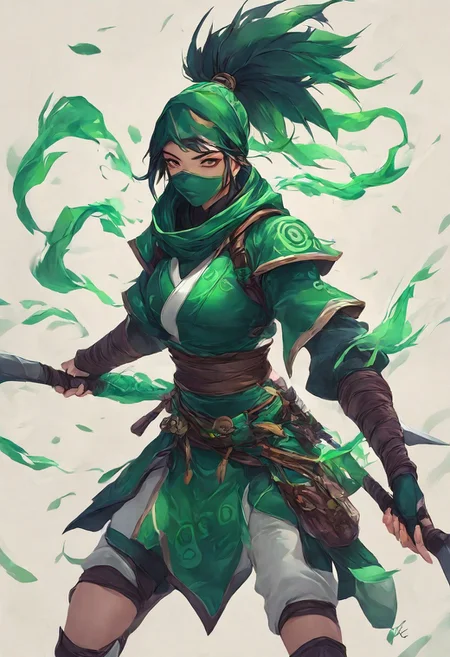 FF Style, masterpiece (quality), clean background, 1girl, green ninja outfit, akali (league of legends), holding weapons <lora:PaintingAnimeStyleIllustriousV1:0.75>