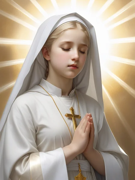 <lora:05ClassicalArt_Hap_XL:1>, William-Adolphe Bouguereau style,  (best quality, ultra detailed), ethereal, 1girl, solo, petite, sister, nun, from above, pray, closed eyes, detached sleeves, blonde hair, amulet, wind blessing, fluttering-rays background, luster, ultra highres, absurdres, gradient, white  tone, gold outline, green light, polarized, vignette, particle,,