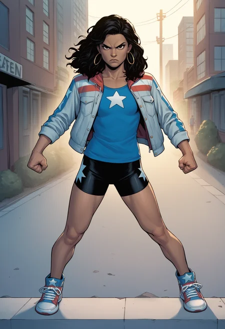 score_9, score_8_up, score_7_up, score_6_up, score_5_up, score_4_up, BREAK,
1girl, amechavez, black hair, dark skin,
bike shorts, blue shirt, hoop earrings, jacket, open jacket, sneakers, star print,
clenched hands, serious, solo, standing, looking at viewer, buildings, street, new york street background <lora:AmericaChavezXL:1>
