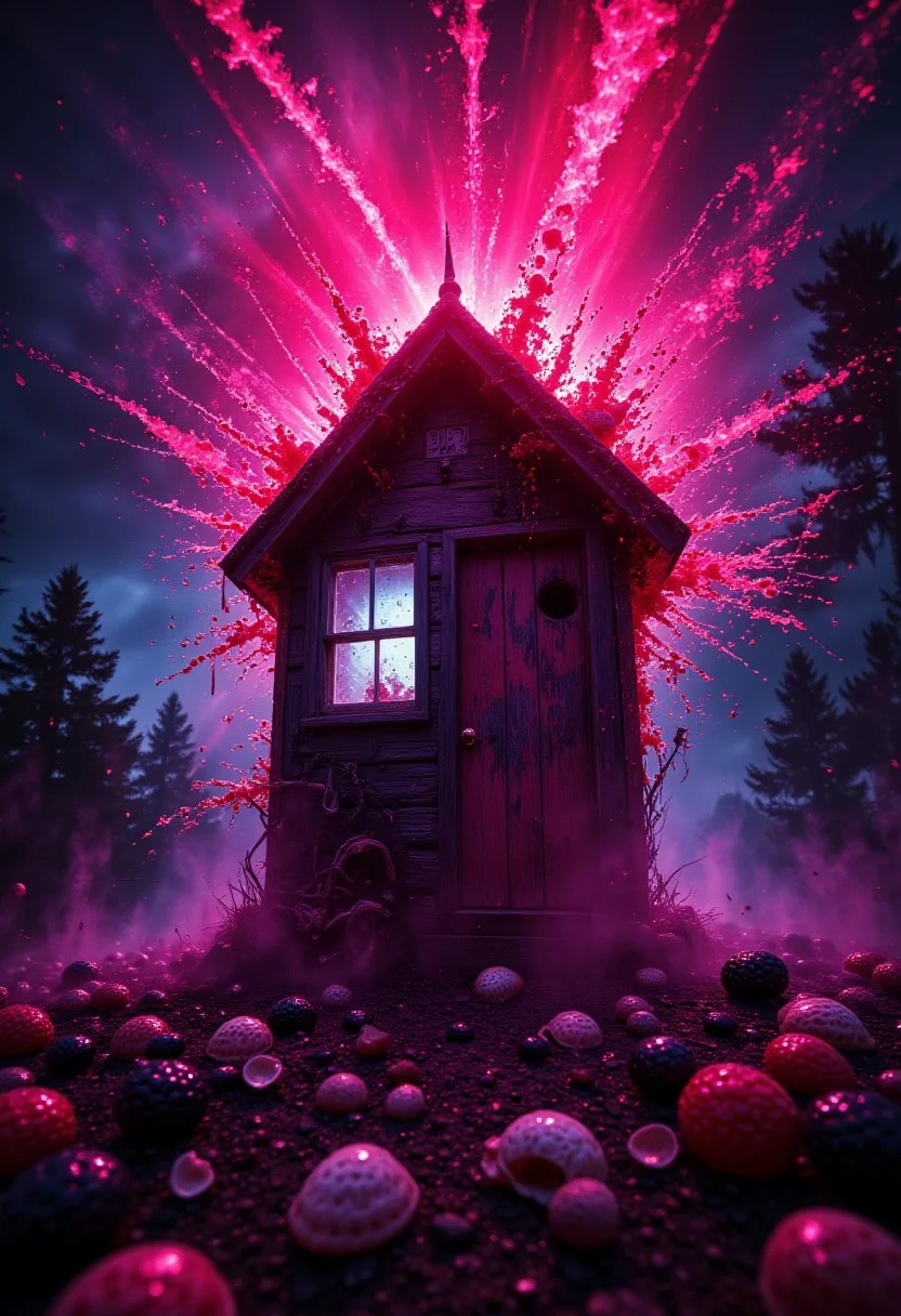 A cosmic scene of a [Outhouse|Bicycle] exploding in deep Blackberry, with deep red Seashells and shockwaves. detailmaximizer