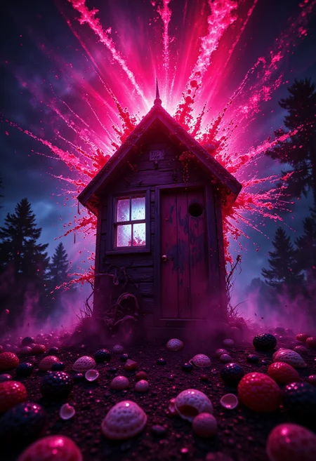 A cosmic scene of a [Outhouse|Bicycle] exploding in deep Blackberry, with deep red Seashells and shockwaves. detailmaximizer