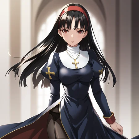 score_9, score_8, source_anime, cowboy shot, <lora:p4amagi-ill:1> p4amagi, Amagi Yukiko, long hair, black hair, bangs, <lora:priestRoPonyV3.0:1> priestRO, long sleeves, pantyhose, garter belt, long dress, puffy sleeves, turtleneck, nun, necklace, cross necklace