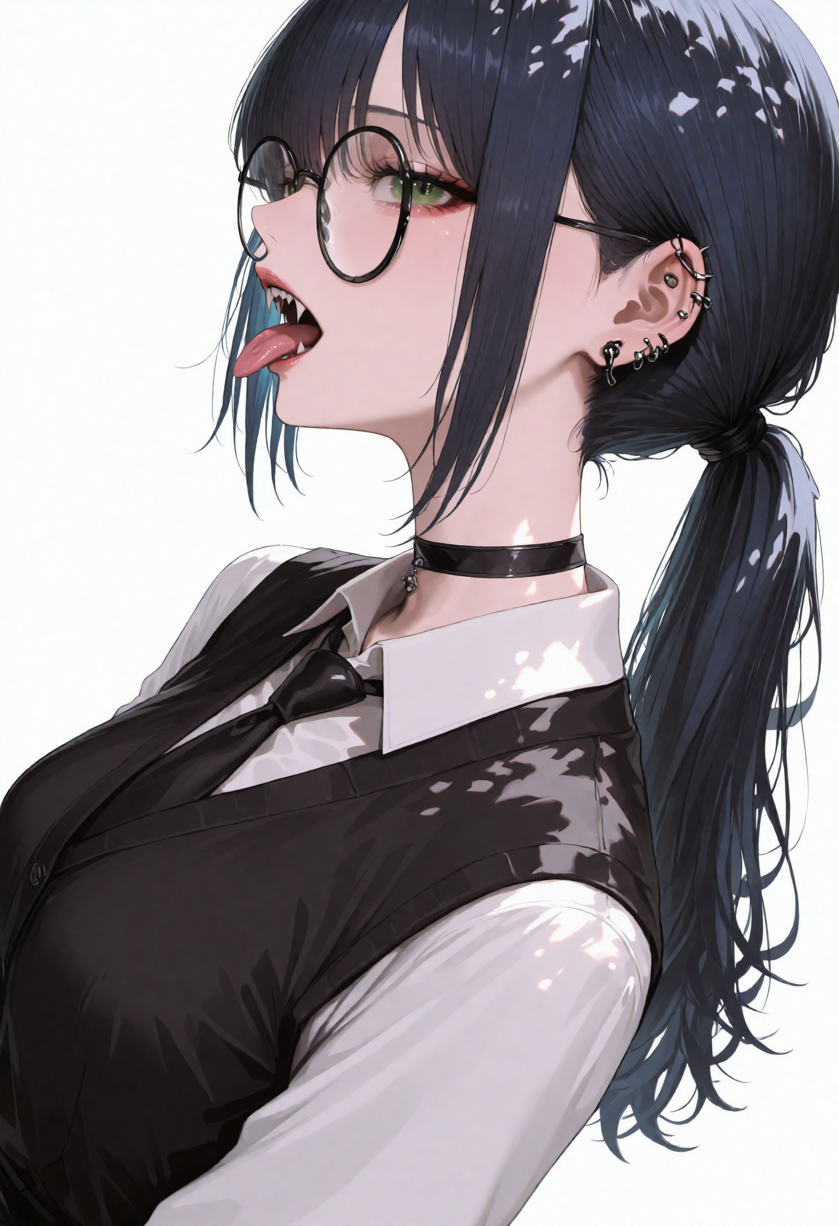 masterpiece, best quality, newest, absurdres, highres, very awa, anime screencap, no lineart:1.3, korean, aegyo sal, perspective, dynamic angle, ambient occlusion, depth of field, white background, simple background, ethereal glow, dappled light, 1girl, solo, glasses, fangs, tongue out, choker, teeth, necktie, ponytail, jewelry, earrings, looking at viewer, shirt, vest, open mouth, long hair, collared shirt, sharp teeth, green eyes, blue hair, upper body, black choker, breasts, piercing, ear piercing, black vest, white shirt, black-framed eyewear, round eyewear, long sleeves, profile