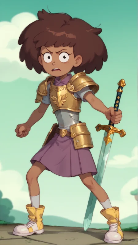 masterpiece, high quality, score_9,  score_8_up, score_7_up, t   1girl, looking at viewer, full body, ((((short)))), ((cute)), (petite), Anne Boonchuy, Dark-skinned female, brown hair, parody, (short limbs), flat colors, shoes, Battle Ready Anne, armor, [school uniform], sword, yell<lora:Anne_Boonchuy_2:0.9>