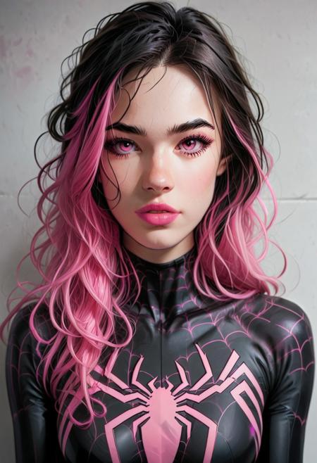 /Spider_Ayane/, pink lipstick, long black hair, pink hair highlights, medium breasts, portrait, black bodysuit with pink spider print, looking at viewer, puty lips, pink eyes