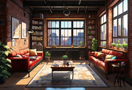 anime-style, an industrial-style interior with red brick walls and large windows, a  study, Sofa, coffee table, bookcase, single wall, 
warm light morning sun, the view of the city