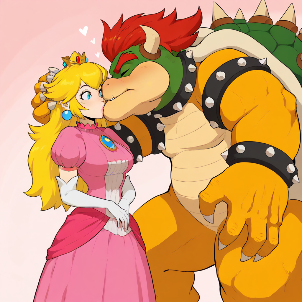 masterpiece, best quality, newest, absurdres, highres, arbuz_budesh, FWNFKI-V1.0, furry with non-furry, furry, kiss, 1boy, bowser, spikes, spiked shell, spiked tail, spikes, turtle shell, horns,  furry male, 1girl, princess peach, blonde, pink dress, crown, blue eyes,