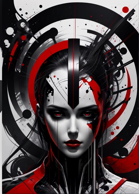rsmls,quantum,red and black and white theme,masterpiece,messy,surreal,abstract,high contrast,awardwinning,8k,trending on artstation and deviantart <lora:RussMillsXL:0.8>