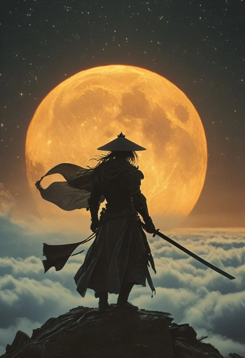 Capture the essence of transcendence and power in the stillness of a cyborg samurai meditating atop the wing of a colossal airborne carrier, piercing through the fluffy dense clouds. dark moonlit sky, Cloaked in sun-bleached linen, adorned with a towering translucente sss sedge hat veiling his face, his metallic intricacies faintly aglow in translucent orange, amidst a world of ethereal heights and serenity. Long Cape in Wind,
., atmospheric haze, Film grain, cinematic film still, shallow depth of field, highly detailed, high budget, cinemascope, moody, epic, OverallDetail, 2000s vintage RAW photo, photorealistic, candid camera, color graded cinematic, eye catchlights, atmospheric lighting, imperfections, natural, shallow dof
