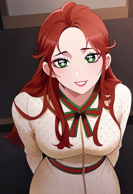 score_9, score_8_up, score_7_up, ASCII masterpiece, source_anime, BREAK, 1girl, solo, (( <lora:ji-ah:1> , ji-ah, thin waist, wide hips, beautiful skin, piercing green eyes, clear eyes, bright pupils, beautiful eyes, beautiful red hair, beautiful long hair, medium breasts, natural beauty, extraordinary beautiful woman, attractive woman, super sexy woman, lustful body, sexy woman with seductive obscene body, sensual body, voluptuous body, sexy beauty, no piercings, no piercing, )) ,  makeup, ((beautiful luxury long-sleeves yellow dress, red and green belt, red and green ribbon tie, )) , indoors, shiny clothes, shiny skin, night club, erotic bar, classy decorations, cowboy shot, from above, looking at viewer, hands behind back, (detailed face, detailed eyes), delicate features, soft lighting, seducative smile, cute and sexy, very detailed, high detailed texture, uncensored, rare view,