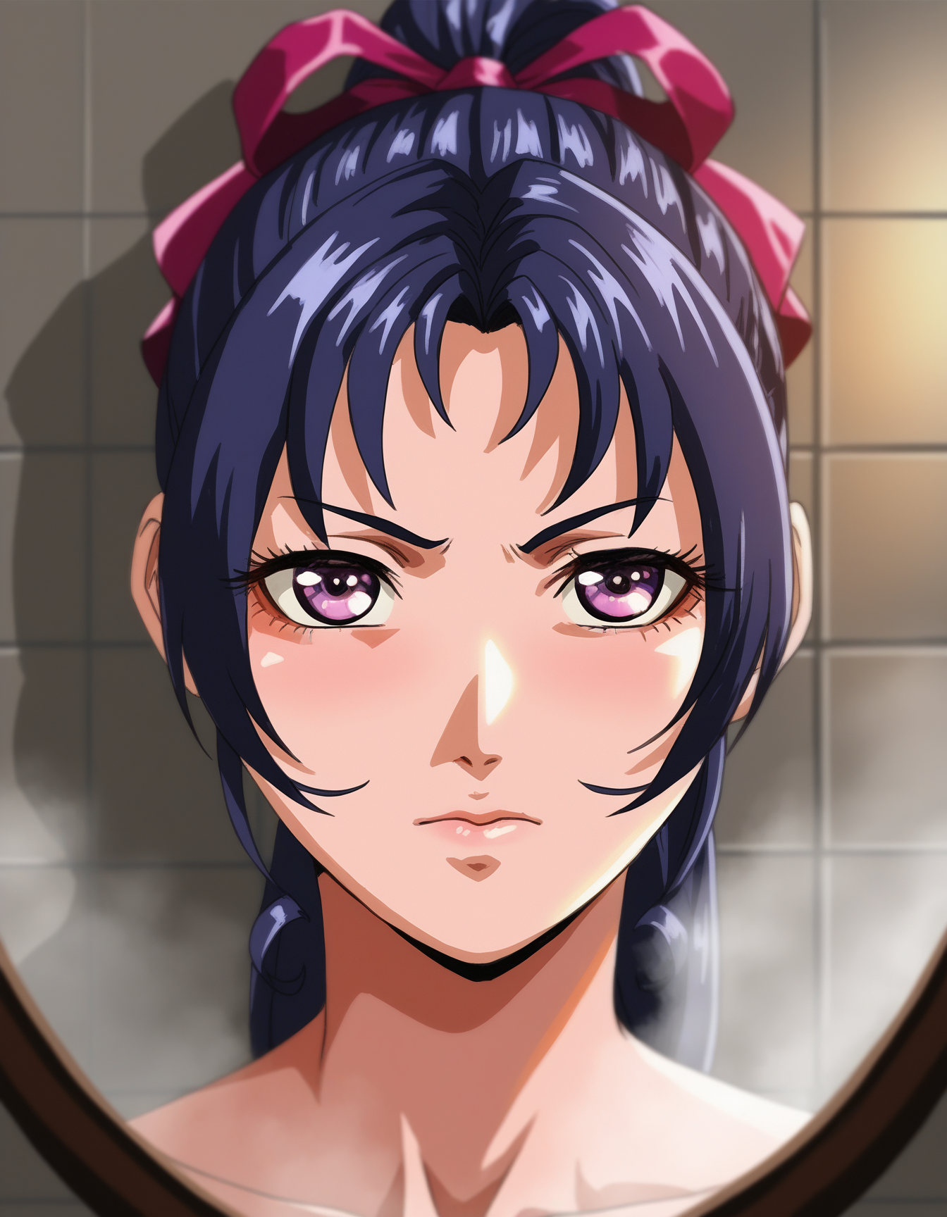 masterpiece, good quality, best quality, highres, very awa, bloom, shadow,
Kozono Nami, 1girl, solo, portrait, mirror, shiny mirror,
looking ahead, eye contact, closed mouth, kubrick stare, straight-on, 
long hair, purple hair, high ponytail, hair ribbon, purple eyes, 
mirror,  reflection, bathroom, steaming body, steam, fog, blurry, tile wall, 
<lora:Kozono Nami 3216 NoobAIXL Vpred L2:1>