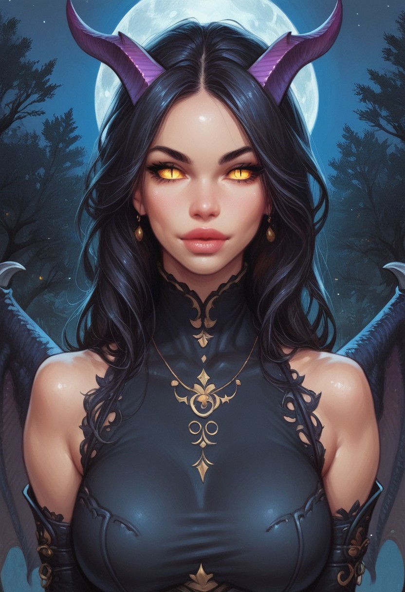 score_9, score_8_up, score_7_up, score_6_up, score_5_up, score_4_up, flat color, source_anime, anime coloring, 2d, 
BREAK. 
skindentation, textured skin, background, dragon humanoid, purple scales, purple horns, black skin woman, medium breast, slim waist, curvy thighs, long hair, black hair, parted bangs, black sclera, golden eyes, long lashes, dragon wings, dragon tail, dragonborn, scales, purple claws, purple leotard, ((night, big moon, dry trees, slit pupils:1.4))
((full-clothed)),
BREAK 
score_9, score_8_up, score_7_up, score_6_up, source_cartoon, rating_explicit, Expressiveh, (((((upper body))))), dynamic pose