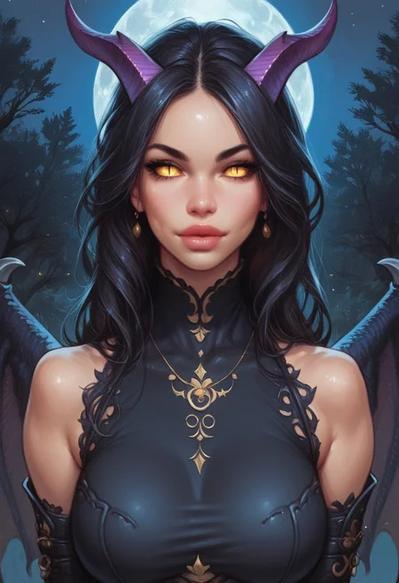 score_9, score_8_up, score_7_up, score_6_up, score_5_up, score_4_up, flat color, source_anime, anime coloring, 2d, 
BREAK. 
skindentation, textured skin, background, dragon humanoid, purple scales, purple horns, black skin woman, medium breast, slim waist, curvy thighs, long hair, black hair, parted bangs, black sclera, golden eyes, long lashes, dragon wings, dragon tail, dragonborn, scales, purple claws, purple leotard, ((night, big moon, dry trees, slit pupils:1.4))
((full-clothed)),
BREAK 
score_9, score_8_up, score_7_up, score_6_up, source_cartoon, rating_explicit, Expressiveh, (((((upper body))))), dynamic pose