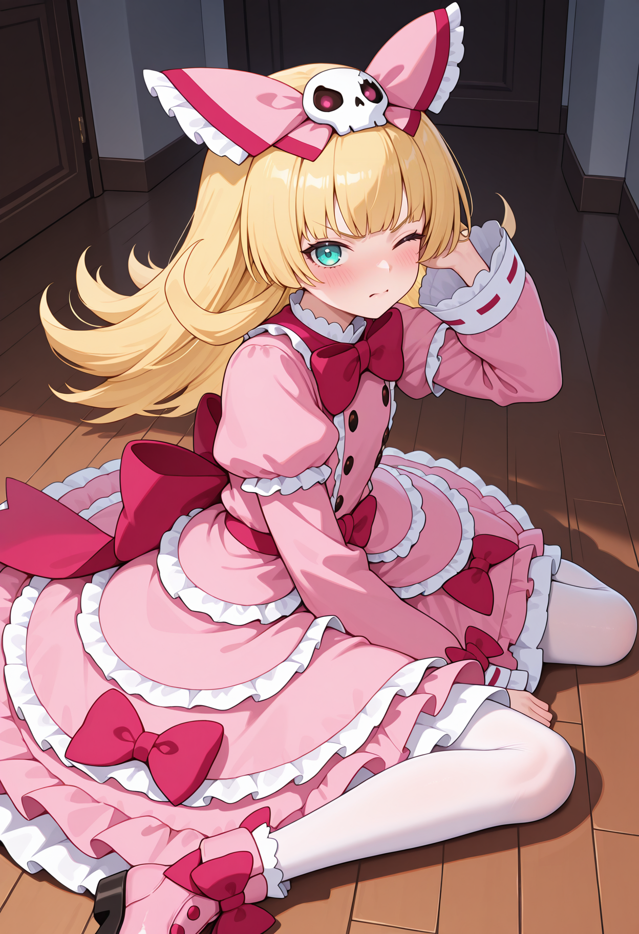 highres, best quality, masterpiece, indoors,
1girl, solo, npabness, long hair, blonde hair, aqua eyes, hair bow, skull hair ornament, 
pink dress, pink bow, red bow, puffy sleeves, long sleeves, frilled dress, layered dress, skull ornament, ribbon, pantyhose,
looking at viewer, blush, 
sitting on floor, pink footwear, one eye closed, hand in own hair, angry, from side,
<lora:_abness_nep-elesico-ilxl-rev5:1>
