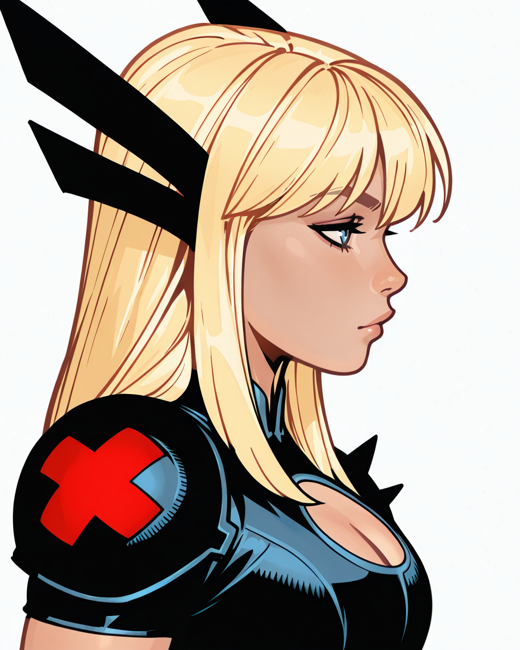 masterpiece, best quality, absurdres, perfect quality, absolutely eye-catching,   <lora:ChrisBachaloIllus:1> bachalo, <lora:Magik ModernilluLoRA:0.9> mgik, long hair, hair ornament, crop top, , cleavage cutout, single shoulder armor, from side, portrait, profile,