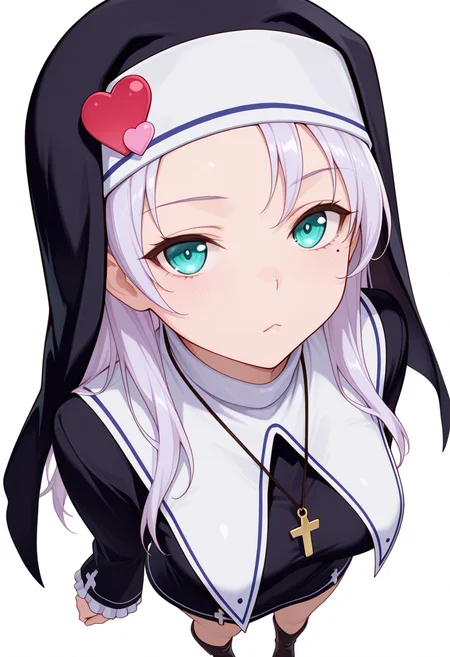 Smooth Quality,masterpiece,very intricate, high quality details, ultra realistic, high detailed skin,detailed enviorement,absurdres,
curled fingers,
 <lora:Kate_Takayama_CNR:0.8> kate_cnr, 1girl,light purple  hair, long hair, aqua eyes, mole under eye,nun, habit,cross necklace, heart ornament,boots,, simple background, white background, from above,solo,, ;<,