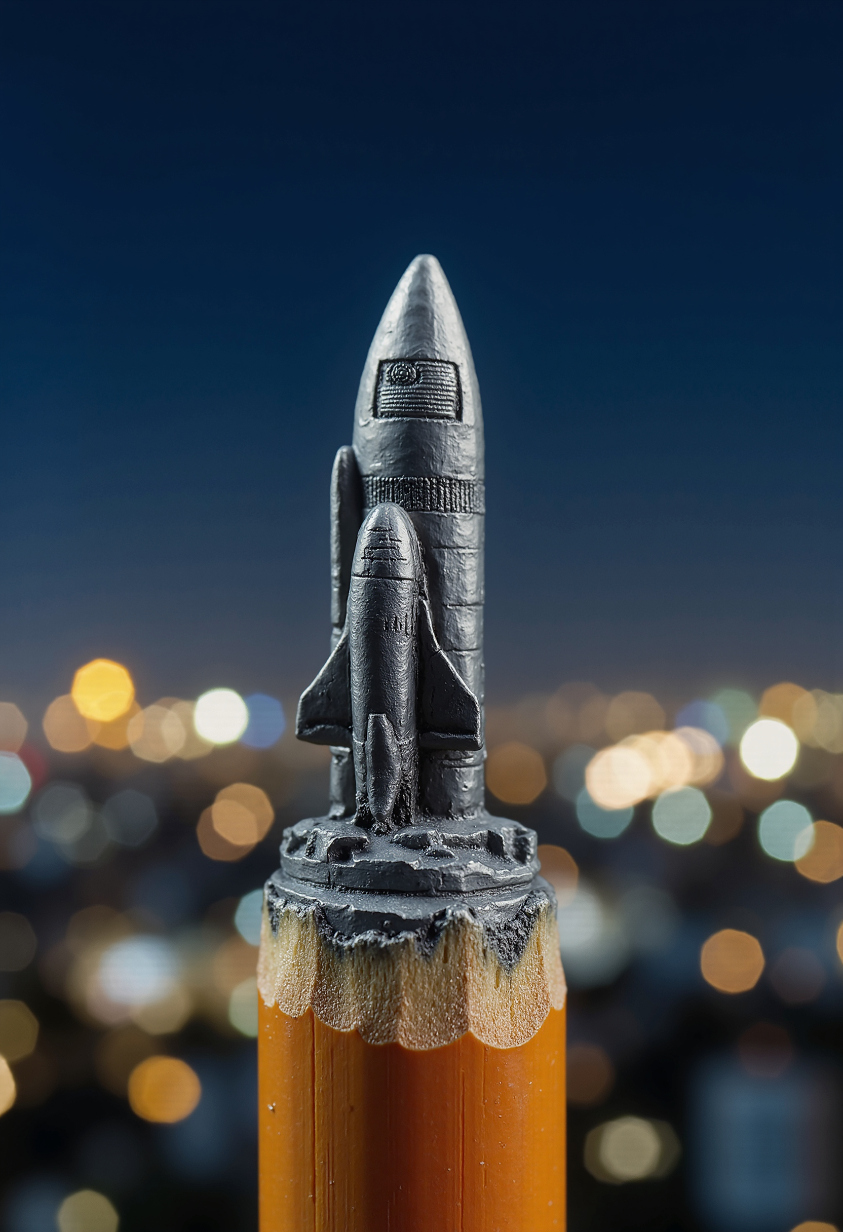 Mini sculpture on the tip of the pencil, a modern space rocket, the background is a night scene, a distant city shot, starry night sky. 