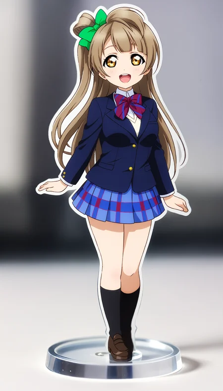 <lora:Koto-Umi-Riko-Shizu-Setsu-LLAS-LyCORIS-AnimagineXLV31-V5:0.85> <lora:acrylicStand:1:1:lbw=ALL26-OUTS:stop=28>
1girl, looking at viewer, (full body:1.2) BREAK
(kotori-llas:1.3) BREAK
big pupils, large breasts, :d, upper teeth only BREAK
(w-oto:1.1), dark blue blazer, long sleeves, otonokizaka winter school uniform BREAK
(red bowtie, striped bowtie) BREAK
blue miniskirt, pleated skirt, plaid skirt BREAK
(acrylic stand, chibi, cut shape character, anime-style character acrylic stand, The acrylic stand is cut to the shape of the character:1.2) BREAK
(masterpiece, absurdres, very aesthetic:1.2), best quality, newest, perfect anatomy, perfect lighting, cinematic light, light particles, (depth of field, blurry background:1.2)