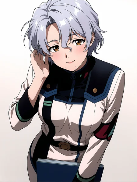masterpiece,best quality,newest,
1girl,solo,
<lora:Sally_Saint_Ford_ilxl_v1.1:1>,s_s_f,grey hair,brown eyes,mole under mouth,s_clothes,pencil_skirt,
<lora:Fixhands_anime_bdsqlsz_V1:1>,looking_at_viewer,white_background,simple_background,dynamic_angle,cinematic_angle,light_blush,cowboy_shot,hand_in_hair,smile,