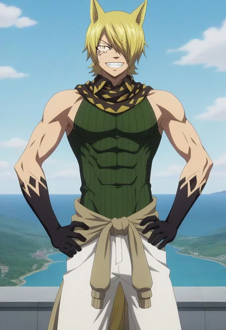 ((masterpiece)), ((best quality)), ((ultra-detailed)), ((absurdres)), score_9_up, score_8_up, score_7_up,
HD, top quality, best quality, amazing quality, High-quality illustrations, anime screencap, source_anime, best aesthetic, perfect proportions, perfect eyes, 1boy, 1male, solo boy, solo male, male focus, solo male focus, Anime, boy, male anime character, anime boy, handsome, cute, charming, sexy, Jackal, blonde hair, animal ears, yellow eye, slit pupil, hair over one eye, face spots, short scarf, green shirt, sleeveless, black hands, arm marks, grat jacket around waist, white baggy pants, yellow tail ((cowboy shot, head to hips shot)), ((tall body, tall height)), ((lean body, fit body)), ((facing front, front view)), ((grinning with teeth)), ((hands on hips pose)), ((coastline, shore)), easynegative, updn, Expressiveh, masterpiece, best quality, very aesthetic, absurdres