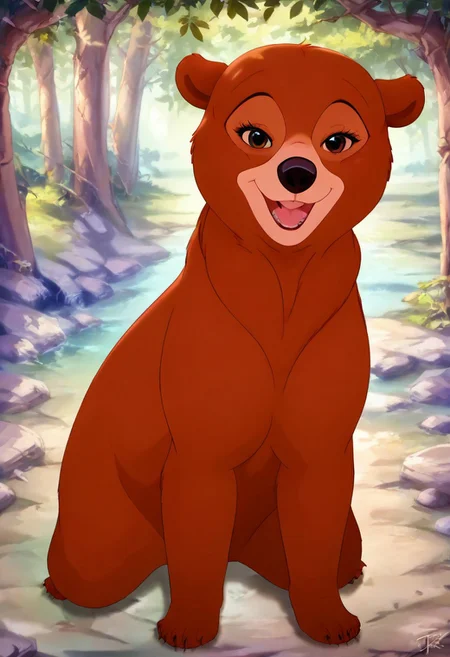 Bear, cartoon, female, Nita, Disney, 2d, detailed forest background, bipedal, full body, <lora:J_cartoon:0.7>, j_cartoon, <lora:MeekoXL:0.9>, Disney, score_9, score_8_up, score_8, solo, (feral), detailed fur, ((happy expression)), ((looking at viewer seductively:1.6)), breathtaking, environmental lighting, professional, highly detailed, ((detailed shaders)), beautiful, high quality, night-time, outdoors, dark forest, <lora:Furtastic_Detailer:1>