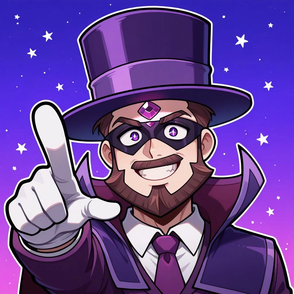 score_9, score_8_up, score_7_up, beautiful, high quality, highres, masterpiece, western cartoon, cartoon, best quality, black outline, thick outline, nekuzx, BREAK, solo,1boy, upper body, SophistEevee, white shirt, collared shirt, purple jacket, purple cape, purple top hat, purple necktie, white gloves, mask, forehead gem, facial hair, dark brown hair, dark brown beard, dark brown mustache, purple pupils, purple eyes, white sclera, looking at viewer, smile, clenched teeth, pointing, BREAK, simple background, purple background, stars in background, stars, gold stars,