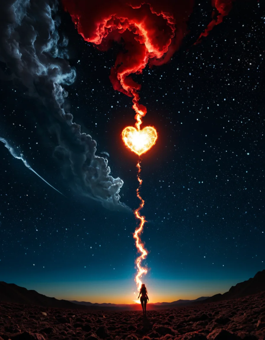 This digital anime-style illustration features a woman floating in a dark, starry sky. She ihas been shot through her body by a large, red beam with dark veins, emitting a bright, fiery glow. behind her the beam turns into a smoke clpud shaped like a big red heart, The background is a deep, almost black space filled with small, twinkling stars. The woman appears serene and ethereal, surrounded by the stark contrast of the dark space and the vibrant beam <lora:add-detail-xl:1>