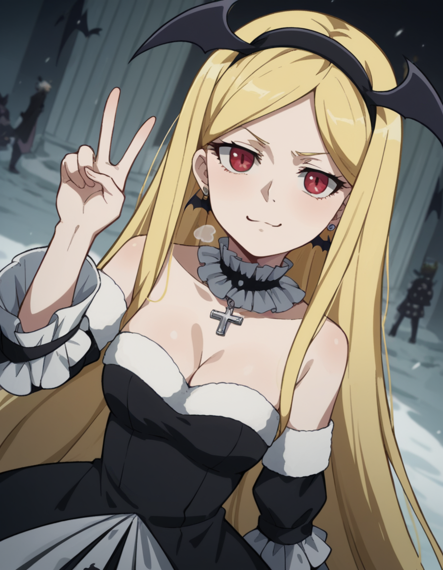 score_9, score_8_up, score_7_up, source_anime, <lora:elizabeth-greenhough-smith-s1-ponyxl-lora-nochekaiser:1>, elizabeth greenhough smith, long hair, blonde hair, red eyes, very long hair, hairband, parted bangs, black hairband, medium breasts,, dress, cleavage, bare shoulders, jewelry, earrings, frills, detached sleeves, wings, choker, black dress, parted bangs, bat wings, cross, black hairband, head wings, gothic,, snow day, winter clothes, snowball fight, laughter, cold breath, white landscape, , v, v over mouth, smug,, looking at viewer, solo,, dutch angle, cowboy shot