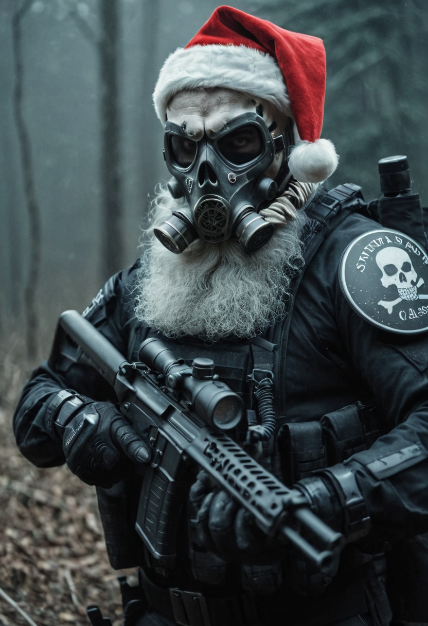 cinematic still D34THSQU4D, santa wearing tactical gear, skull gas mask, armor, holding weapon, christmas, action, white long beard . emotional, harmonious, vignette, 4k epic detailed, shot on kodak, 35mm photo, sharp focus, high budget, cinemascope, moody, epic, gorgeous, film grain, grainy, D34THSQU4D, santa wearing tactical gear, skull gas mask, armor, holding weapon, christmas, action, white long beard, highly detailed, cinematic, focused, perfect composition, dramatic light, beautiful background, sharp focus, elegant, amazing, symmetry, intricate, stunning, gorgeous, futuristic, epic, modern, designed, professional, creative