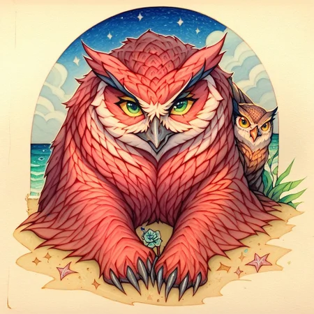 score_9, score_8_up, score_7_up, oblivionarts, owlbear, feral, owl's head, bear's body, green eyes, red fur, beach background, traditional art, medieval aesthetic, best quality, detailed, masterpiece, Expressiveh