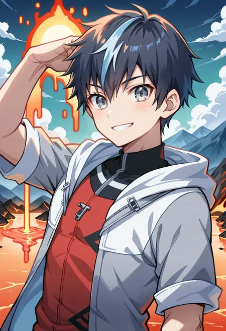 1boy, solo, score_9, score_8_up, score_7_up, source_anime, takuto_dwno, black hair, multicolored hair, gray eyes, red shirt, gray jacket, bicep flex, upper body, smile, digital volcano background, mountain, lava, looking at viewer