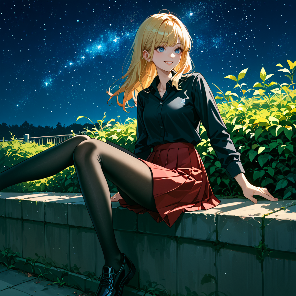 score_9, score_8_up, score_7_up,source_anime, 1girl, sitting, black shirt, collared shirt, red skirt, pleated skirt, smile, night, starry sky, blue blue eyes, black pantyhose, (rating_safe)