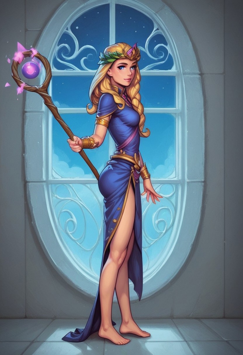 1girl, (((side view))), from front, solo, illustration, comic style, highly detailed, skinny, model body, looking at viewer, masterpiece, best quality, 1girl, masterpiece, best quality, fayenchantress, 1girl, solo, blonde hair, long hair, blue eyes, (young beauty, fit body:1.3), ((((magic shining orb in staff right hand, opened magic book in left hand)))), ((((magic clothes))))
<lora:FayEnchantress:0.9>
BREAK 
(((dark magic Observatory inside, night sky in window:1.6)))) score_9, score_8_up, score_7_up, score_6_up, source_cartoon, rating_explicit, Expressiveh, ((((full body))))), dynamic pose