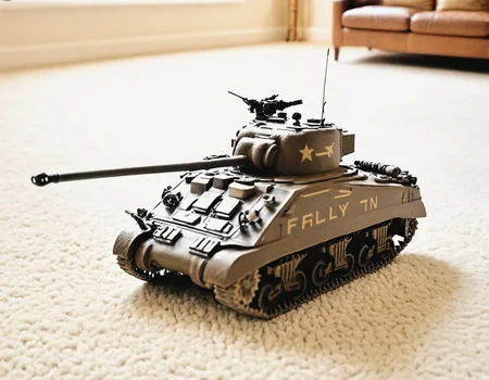 <lora:Sherman_Firefly_Tank_SDXL:0.75> frflytnk, a tiny model tank, kit model, on the carpet floor of living room, tilt shift photo, with tiny model soldiers scattered around it