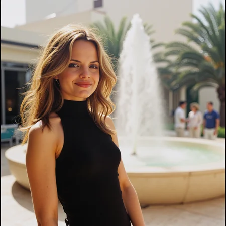 Faded Polaroid Photo, analog film photo captured with a Leica M6, flash photography enhanced with retro grain, a beautiful young woman wearing a beautiful high neck dress in a party in a hotel lobby with a fountain, she's happy and smiling, a candid 90's feel, posing dynamic, slight smile,  analog photo  <lora:Mena_S-v2p2:1> m3n4v2 . faded film, desaturated, 35mm photo, grainy, vignette, vintage, Kodachrome, Lomography, stained, highly detailed, found footage, analog, old faded photo, old polaroid, RAW candid cinema, 16mm, color graded portra 400 film, remarkable color, ultra realistic, textured skin, remarkable detailed pupils, realistic dull skin noise, visible skin detail, skin fuzz, dry skin, shot with cinematic camera
