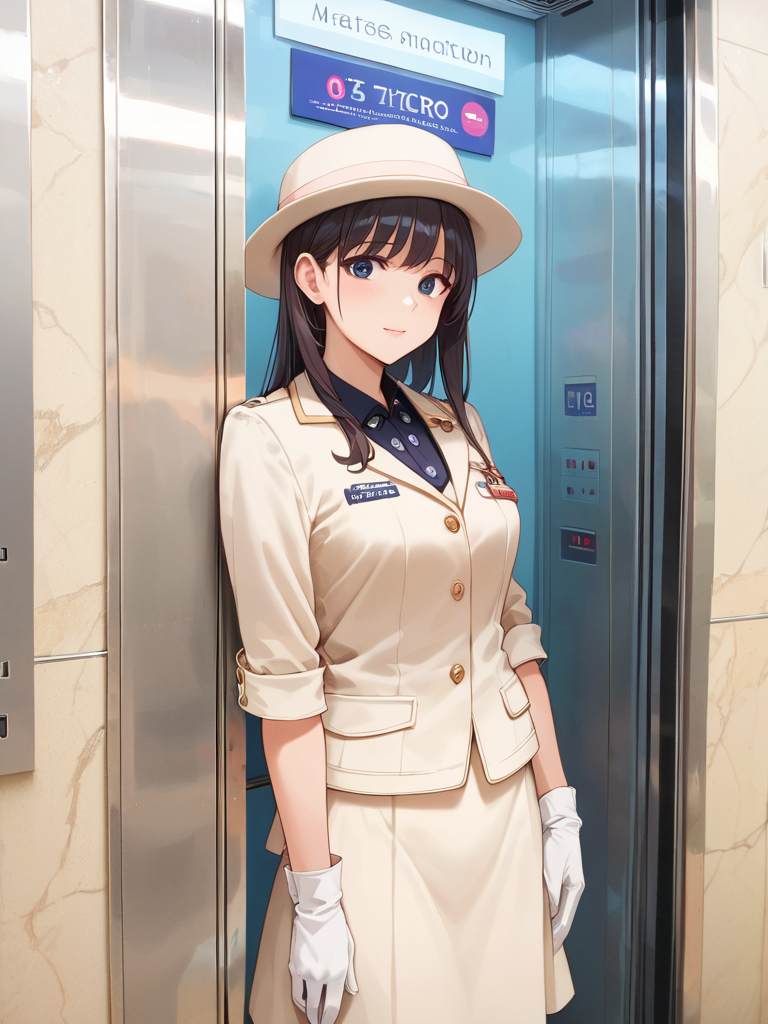 score_9, score_8_up, score_7_up,source_anime, high res image,masterpiece,best quality,girl,cute face,clear skin,shiny hair,ultra detailed eyes,simple background , <lora:elevator girl_pony_V1.0:1> elevator girl, elevator,hat, gloves, skirt,  jacket