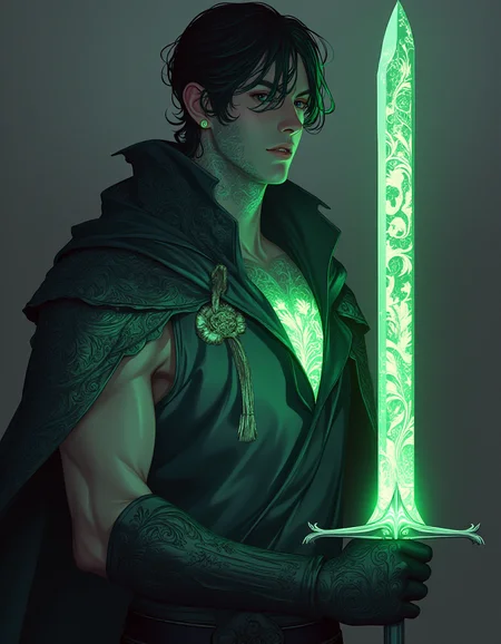 bio ink, a man holding a sword, sword with glowing green runes  <lora:BioInk2FLUX:0.8>