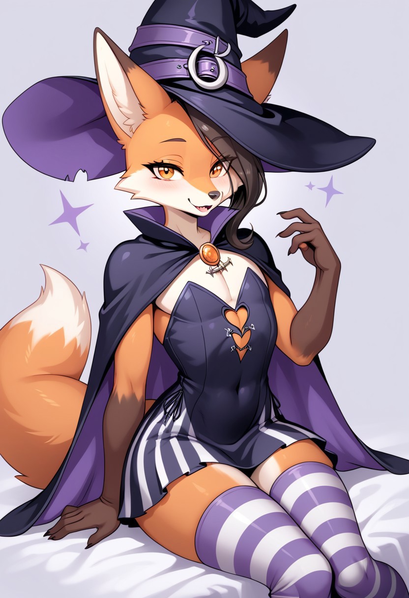 score_9, score_8_up, score_7_up, source_cartoon, 
Solo, one cute fox, male, girly body, posing seductively, (witch costume, short witch dress, ora ge striped leggings, anthropomorphic fox:1.4), on a bed, simple background, (dynamic view:1.2), SomSom Style, easynegative, negative_hand, muscle_mommy
