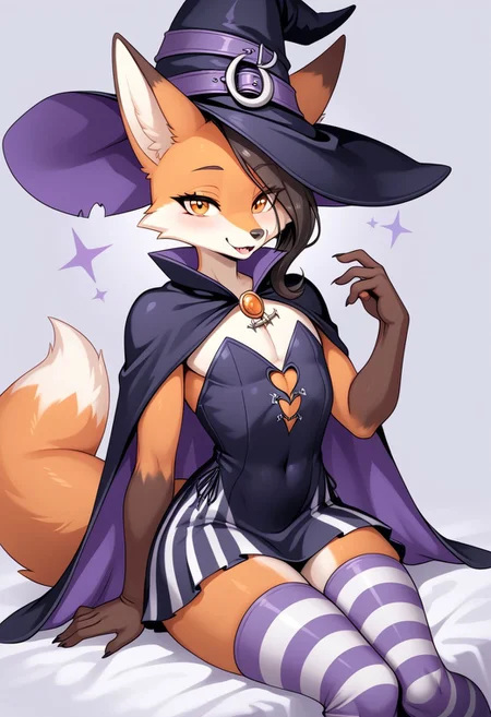 score_9, score_8_up, score_7_up, source_cartoon, 
Solo, one cute fox, male, girly body, posing seductively, (witch costume, short witch dress, ora ge striped leggings, anthropomorphic fox:1.4), on a bed, simple background, (dynamic view:1.2), SomSom Style, easynegative, negative_hand, muscle_mommy