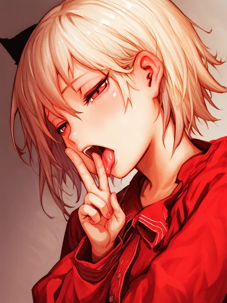 score_9, score_8_up, score_7_up, score_anime, rating_explicit, uncensored, BREAK, 1girl, <lora:yoshitoshi_ABe_Style_PDXLv1.1:1>, abe yoshitoshi style, red eyes, cat girl, short hair, sidelocks, open dress, long sleeves, white hair, medium breasts, half-closed eyes, <lora:cunnilingus-gesture-ponyxl-lora-nochekaiser:1> cunnilingus gesture, v over mouth, tongue out, tongue, v, saliva