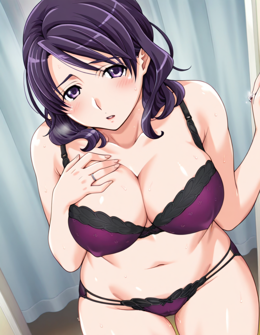 score_9, score_8_up, score_7_up, game cg, BREAK official art, solo, 1girl, one girl, 
<lora:hobara_naoko:1>, hobara naoko, purple hair, purple eyes, wedding ring, 
purple panties, purple bra,
explicit,  nsfw, 
 (masterpiece:1.3), best quality, high resolution, unity 8k wallpaper, extremely detailed CG, 8K,