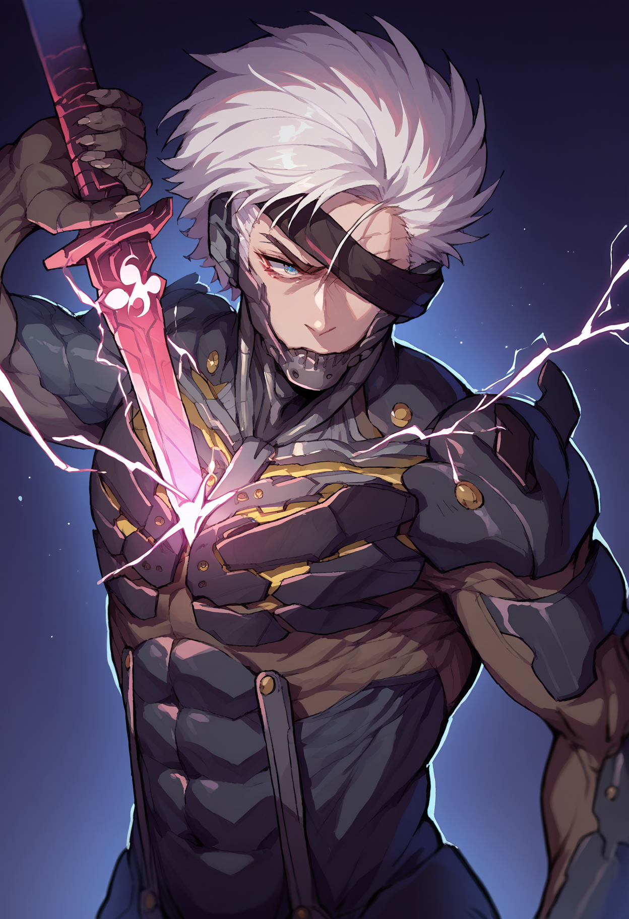 score_9, score_8_up, score_7_up, source_anime, 1boy, human scabbard, holding, holding weapon, holding sword, electricity, cleavage, <lora:HumanScabbardV2_XLPD:1>, <lora:RaidenMGR_XLPD:1>, raidenmgrdef, cyborg, bodysuit, eyepatch, white hair,