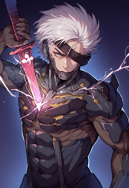 score_9, score_8_up, score_7_up, source_anime, 1boy, human scabbard, holding, holding weapon, holding sword, electricity, cleavage, <lora:HumanScabbardV2_XLPD:1>, <lora:RaidenMGR_XLPD:1>, raidenmgrdef, cyborg, bodysuit, eyepatch, white hair,