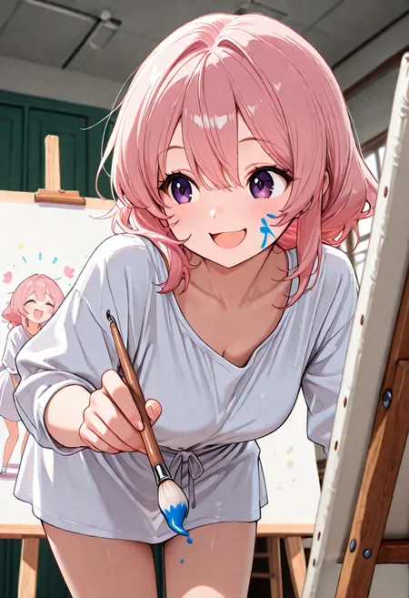 woman, CivChan, purple eyes, pink hair, leaning forward, smiling, holding paint brush, canvas, art room, high quality, best quality, masterpiece, 4k resolution, anime