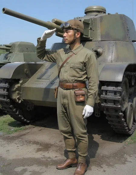 <lora:Inkquaria:0.8> Inkquaria
Full length view of a Japanese tank crew saluting.With a tank in the background.Khaki jumpsuit, tanker's cap, goggles,pouch attached to his belt.white gloves.Tanks in the background,<lora:type4:0.8>type4,1tank,
<lora:ija-tank-crew:0.9>ija-tank-crew