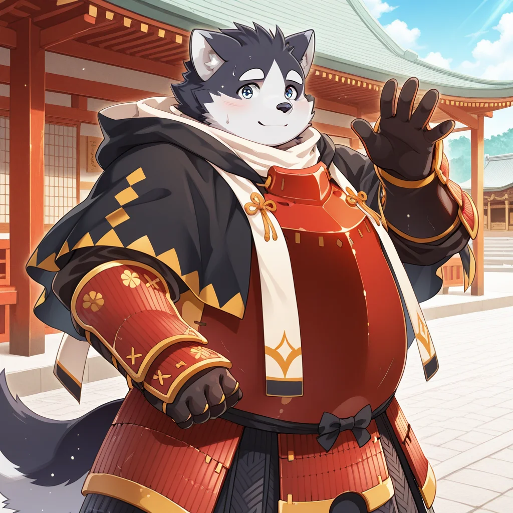 masterpiece, best quality, colorful, high quality, cinematic ambiance, very aesthetic, luminous lighting, temple, outdoors, <lora:t-harima-v2-10:0.9> t-harima, dog boy, 1boy, chubby, cropped capelet, hooded_capelet, hood_down, japanese armor, red breastplate, stole, gauntlets, kote, (faulds), vambraces, looking at viewer, from side, waving, outdoors, sweat, injury, light smile,