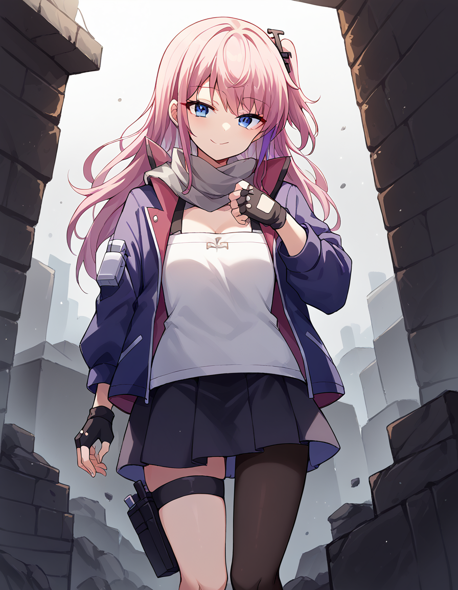 score_9, score_8_up, score_7_up, source_anime, <lora:girlsfrontline-st-ar-15-ponyxl-lora-nochekaiser:1>, st ar-15, blue eyes, hair ornament, long hair, multicolored hair, one side up, streaked hair, pink hair, purple hair,, asymmetrical legwear, black pantyhose, black socks, dress, fingerless gloves, gloves, grey scarf, holster, jacket, pantyhose, scarf, shirt, single leg pantyhose, single thighhigh, strap, thigh holster, thigh strap, thighhighs, uneven legwear, white shirt,, bunker, underground, secure, concrete, dark, , <lora:seductive-smile-ponyxl-lora-nochekaiser:1>, seductive smile, come hither, naughty face,, looking at viewer, solo,, dutch angle, cowboy shot